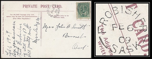 Saskatchewan Postal History - 6 February 1909 - FROBISHER, SASK (split ring / broken circle cancel / postmark) to Brussels, Ontario
