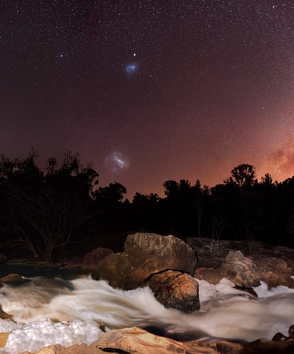 dwellingup rapids murray river largemagellaniccloud panorama stitched mosaic southern hemisphere cosmos western australia dslr long exposure night photography nikon stars astronomy space galaxy astrophotography outdoor ancient sky 35mm d5500 landscape tracked ioptron skytracker star tracking smallmagellaniccloud magellanic clouds lmc smc water