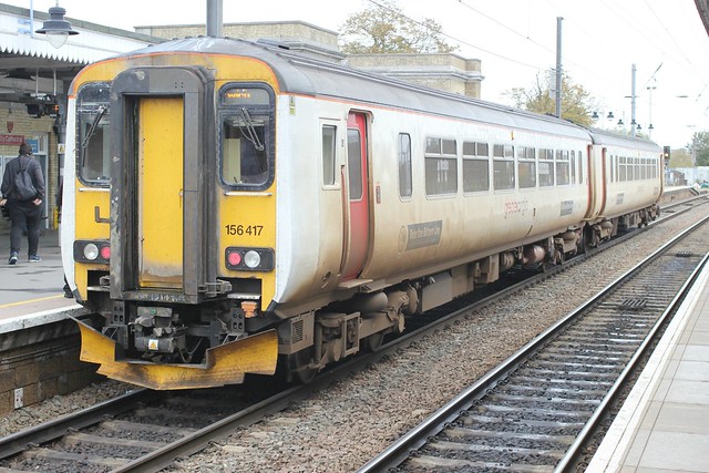 Abellio Greater Anglia . 156417 . Ely Station , Cambridgeshire . Monday afternoon 21st-October-2019 .