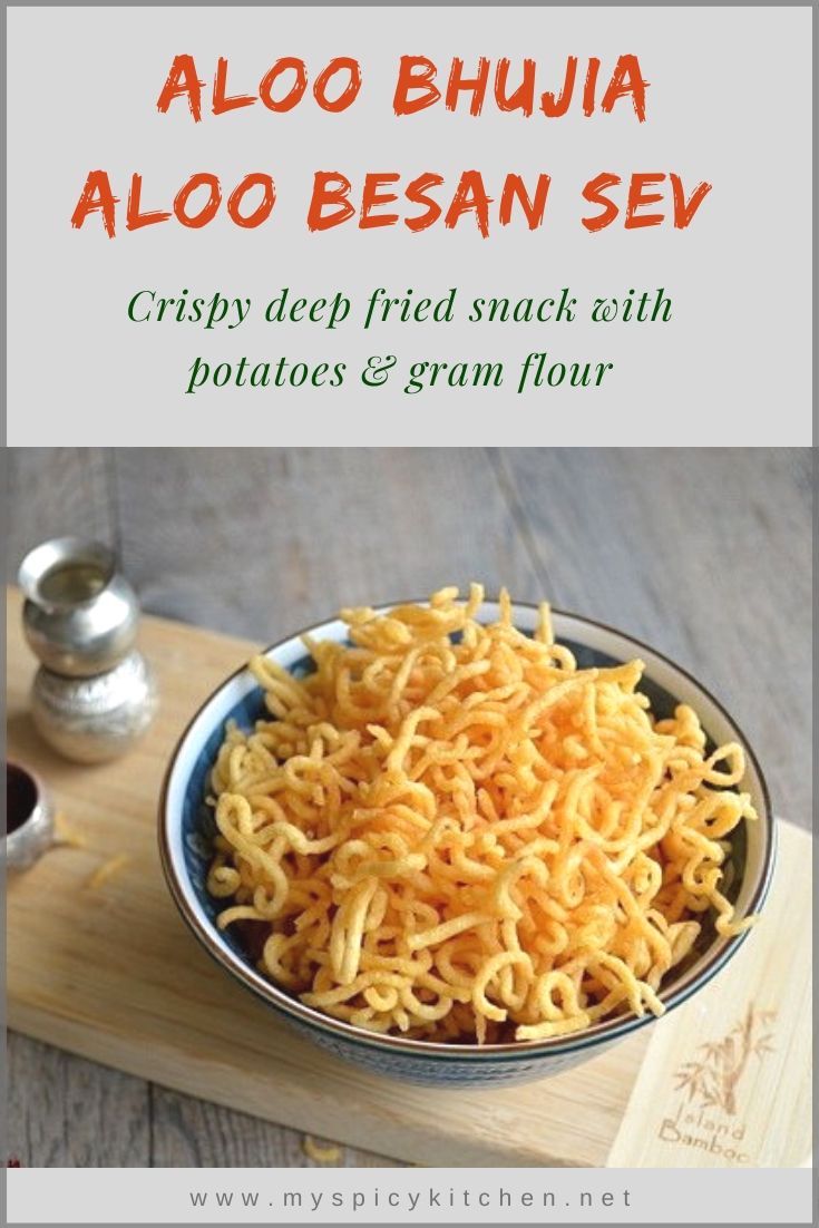 Aloo bhujia is a gluten free deep fried snack with potatoes and gram flour.  A great tea time lunch box and Diwali snack.  