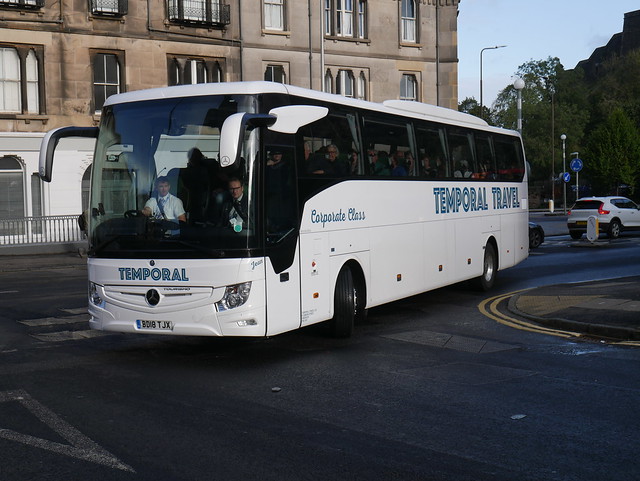 Temporal Travel of Greenock Mercedes Benz Tourismo M2 BD18TJX tutning from Castle Terrace to Lady Lawson Street, Edinburgh on 26 September 2019.