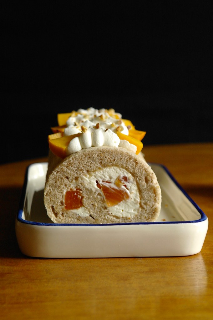 persimmon & walnut roll cake with browned butter cream