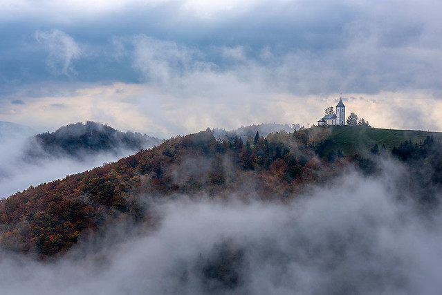 The st primoz church in  a misty autumn morning