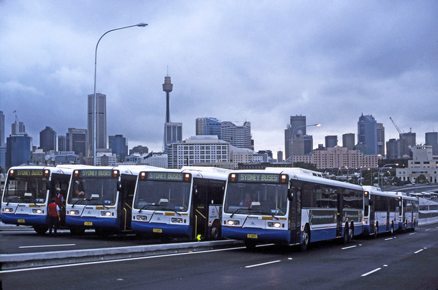 I.D.s 963 & 09281 photographed by John Ward on 1995-12-02 of State Transit Authority Scania L113TRBs 3436, 3437, 3420, 3445 and other buses on approach to the new Anzac Bridge at Pyrmont, Sydney, N.S.W., Australia.