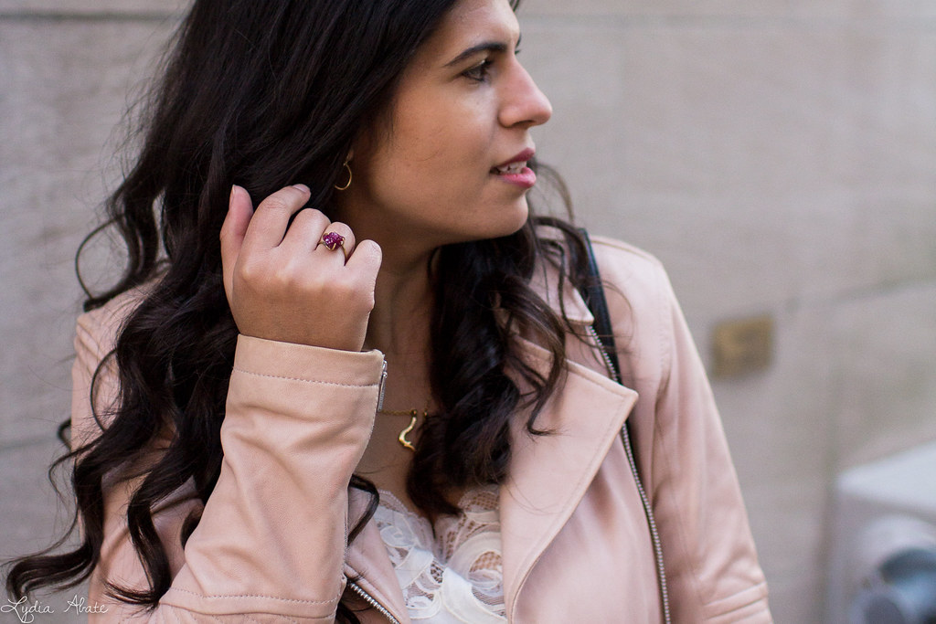 blush leather jacket, velvet pants 