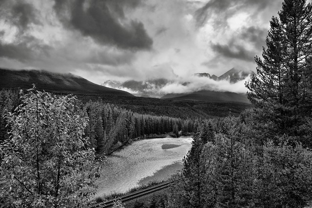 Patches of Clouds Around the Bow Range and Peaks Near the Continental Divide (Black & White, Banff National Park)