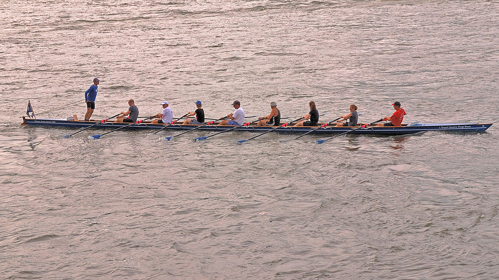 Eight rowing boat on the river Rhine near Bonn-Bad Godesberg