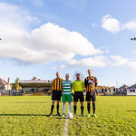 L-R: MIke Reid (mascot), Kevin Fraser (Buckie Thistle Captain), Liam Duncan (Referee) & Ross Still (Huntly Captain)