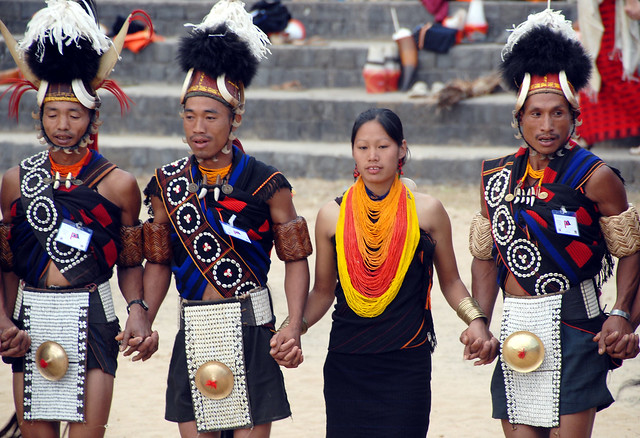 Dancing in the Khiamniungan tribal way, Nagaland, India.