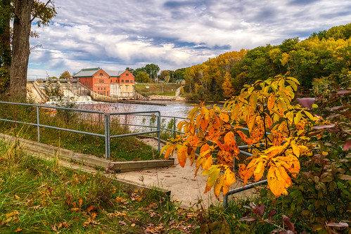 crotondam hdr hff michigan muskegonriver nikon nikond5300 outdoor autumn clouds color colorful fall fence foliage geotagged leaf leaves outside river sky tree trees water