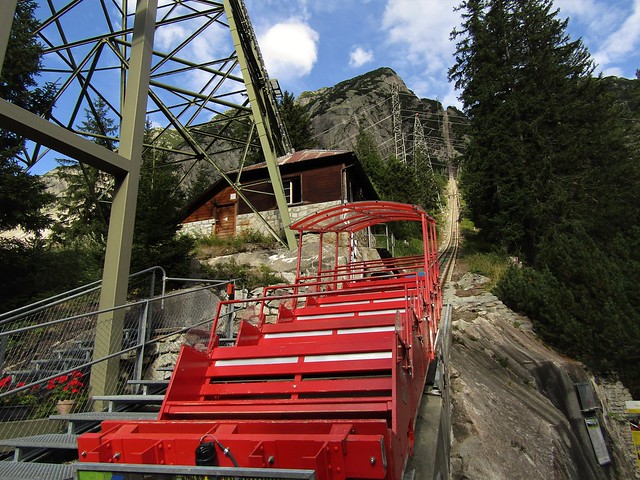 The red Gelmerbahn,  Second Steepest Funicular in the World