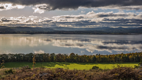 trees woods woodland forest sky clouds blackisle rosshire highlands scotland autumn colours bracken water sea firth reflection layers light hills mountains view viewpoint landscape shadows countryside coast seascape