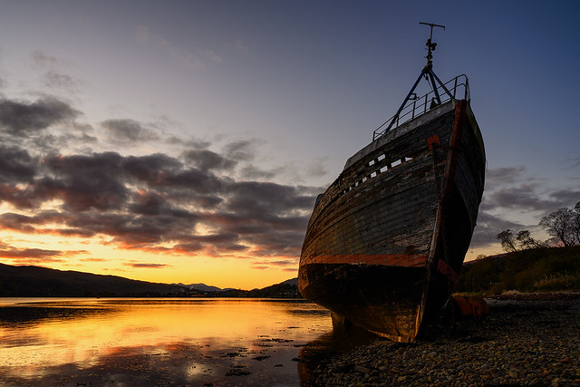 Sunset at the Corpach Wreck. A different viewpoint looking away from Ben Nevis. I really like the drama of the sunset and angle of the boat.