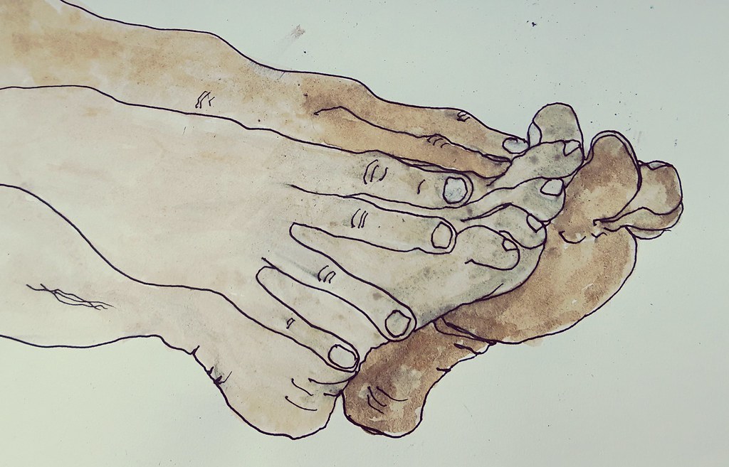 'Cold Feet'.Pen and Sepia ink on paper.
