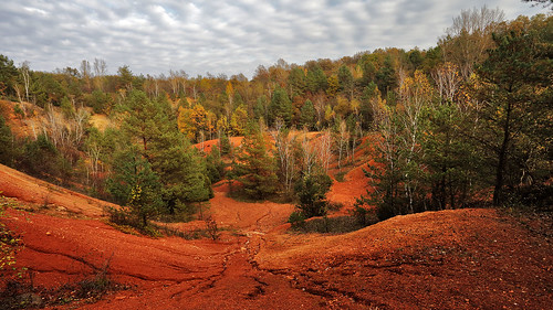 abandoned bauxite mine red ground green yellow leaves pine birch tree cloudy sky canoneos6d autumn horizontal landscape cornuspixels