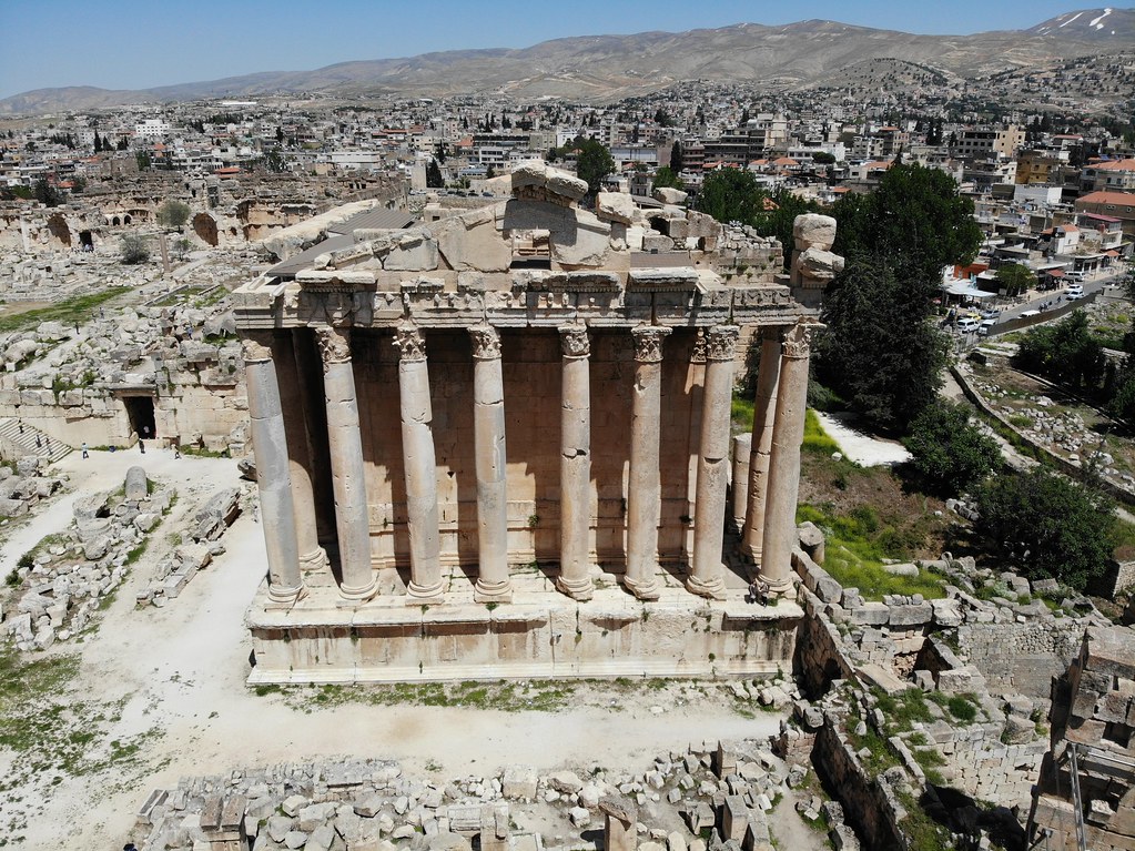 Great view from above.Created by Drone. Ancient city Baalbek. Highest antique temple. Lebanon. Pearl of Middle East. Unesco world heritage