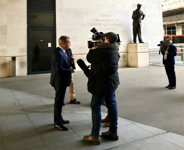 Nigel Farage at the BBC. Orwell looking on. London, November 2019