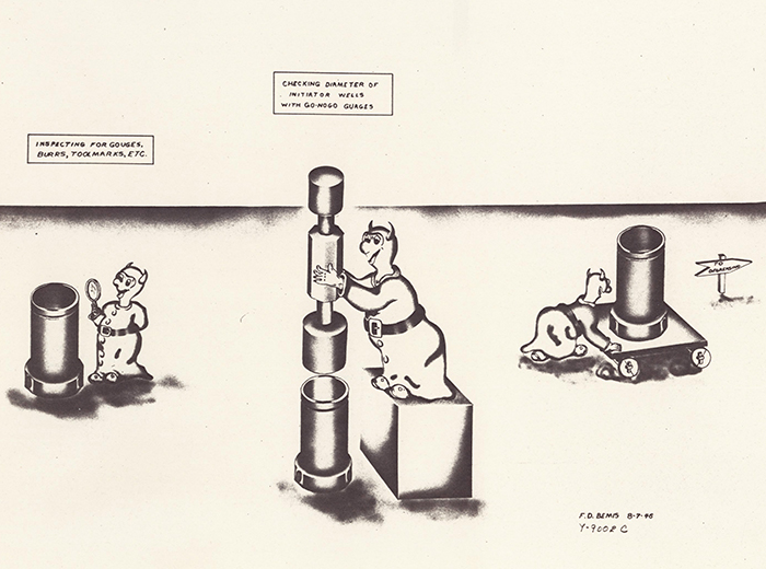 A cartoon drawing of three devils inspecting detonator parts for foreign debris.