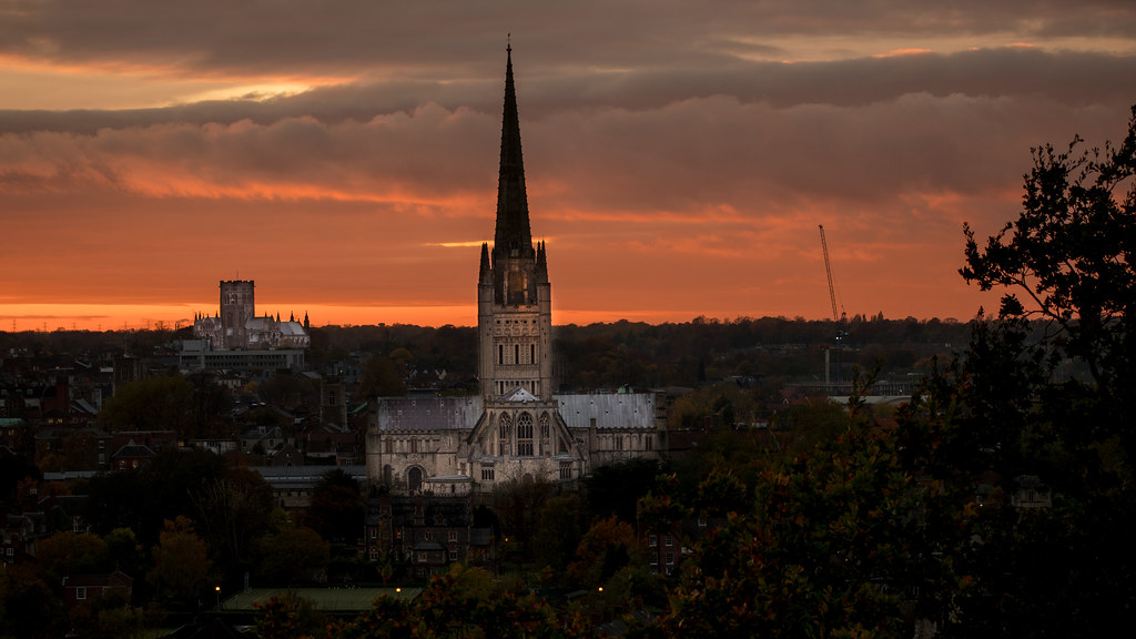 Sunset behind both cathedrals in Norwich
