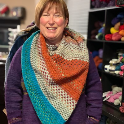 Nicole loves the Nightshift by Andrea Mowry that she knit using Zauberball Starke 6 and Berroco Ultra Wool