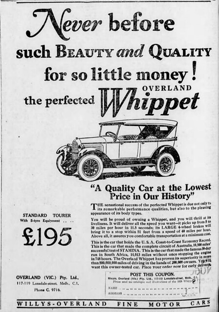 1928 advertisement for Willys-Overland Whippet