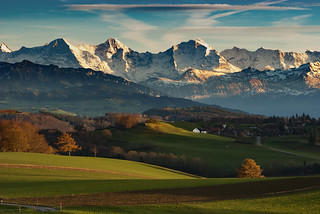 Let's go see an Autumn  Twilight Time . The  Swiss Alps , a  view from Gurten. Canton of Bern , Switzerland. No, 0103.