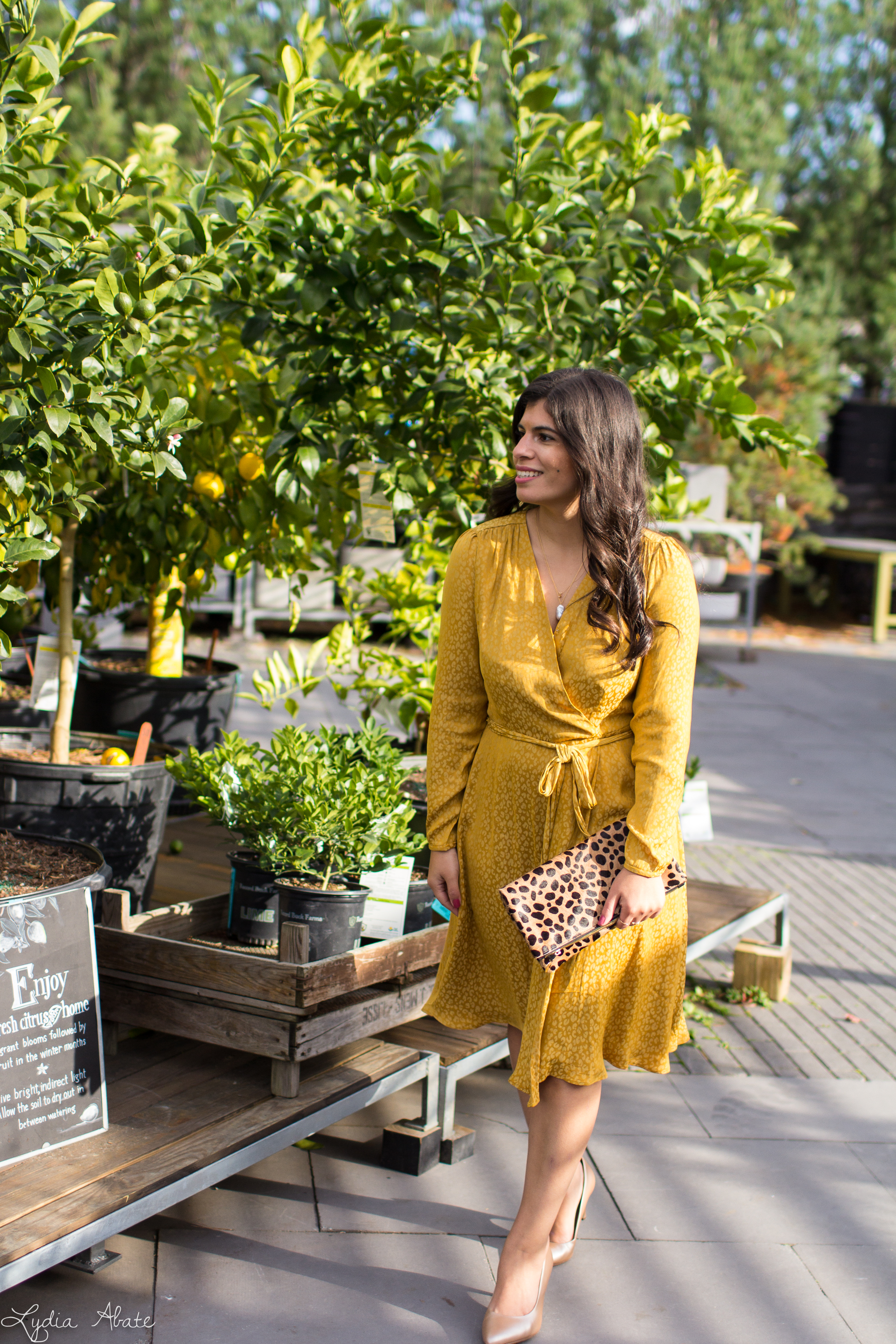 yellow leopard print wrap dress, fold over clutch, nude heels, pearl necklace-3.jpg