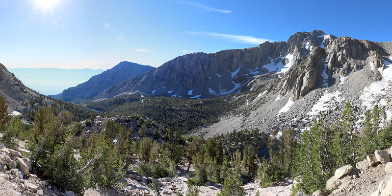 View down the Kearsarge Pass Trail, with Gilbert Lake on the left and Heart Lake on the right