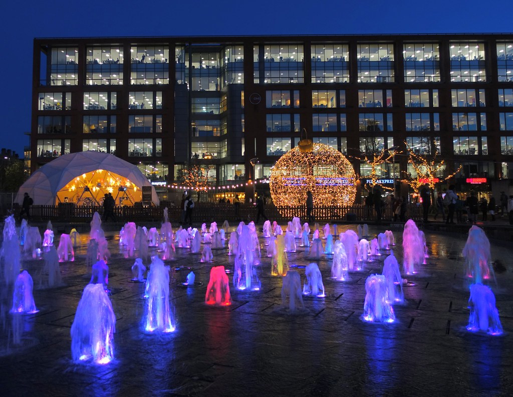 Glowing fountains in Manchester