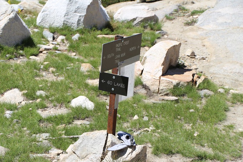 Trail junction sign where the Pacific Crest Trail - John Muir Trail meets the 60 Lakes Trail