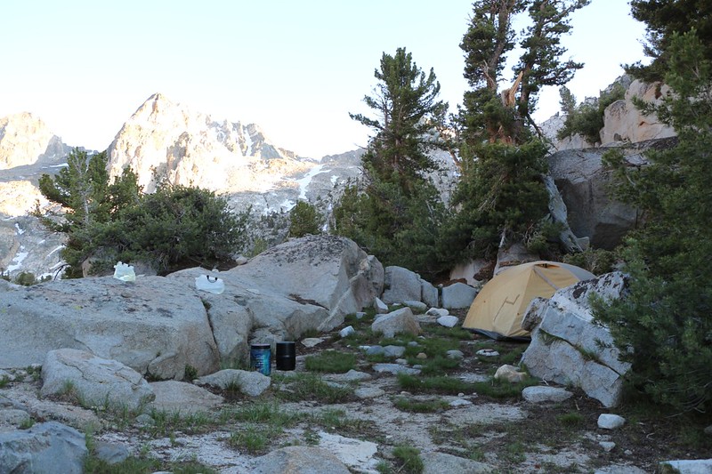 Our tent and campsite in the afternoon shade at Rae Lakes, with Painted Lady overexposed in the sun (left)
