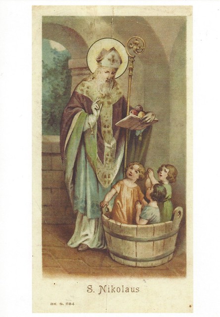 Sint-Nicolaas en drie kinderen in de tobbe, B. Kühlen, ca 1900