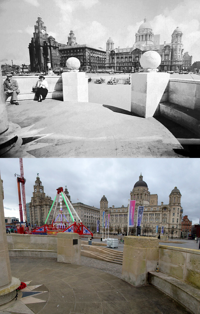 Pier Head from the Liverpool Naval Memorial, 1960s and 2019
