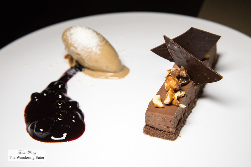 Chocolate nougat bar with coffee ice cream and cassis compote