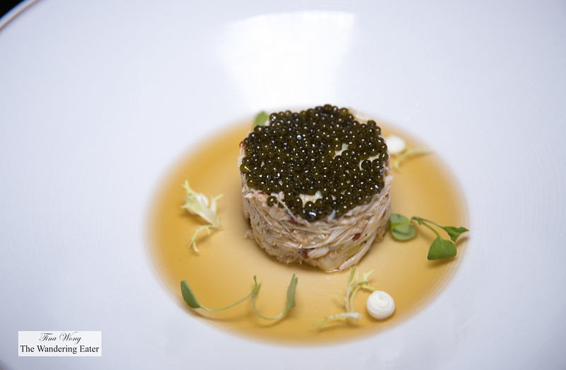 Jumbo Crab Tartar, Caviar, almond, dashi jelly served with nori chips on the side