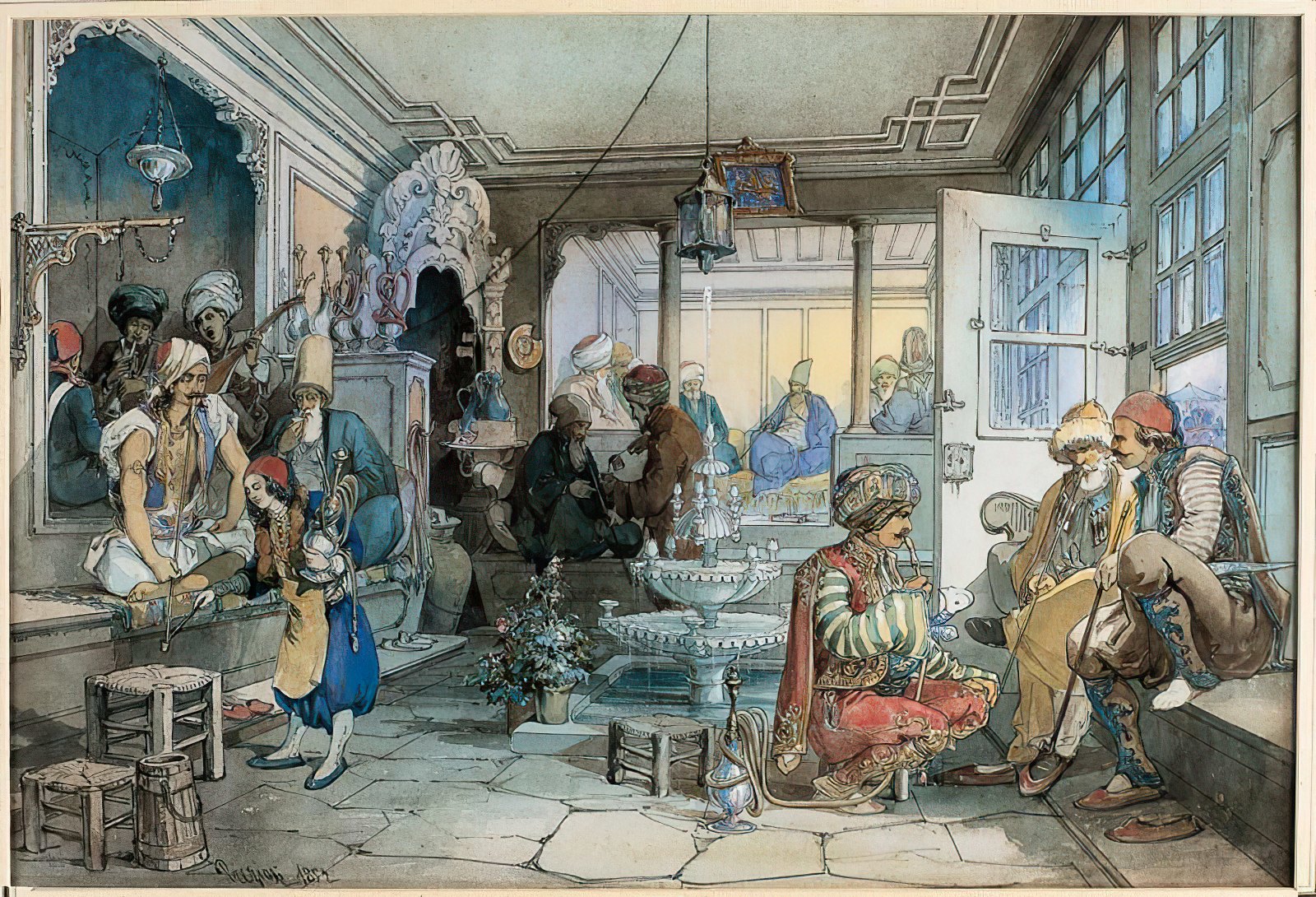 Tranh màu nước của một quán cà phê ở Istanbul, được vẽ bởi Amadeo Preziosi vào khoảng giữa năm 1850 ~ 1882