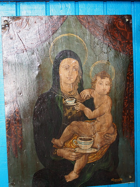 Madonna and Child drinking coffee