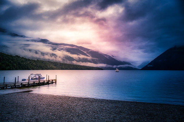 Moody shot in the pouring rain bad weather and mist at West Bay, Lake  Rotoiti Nelson lakes