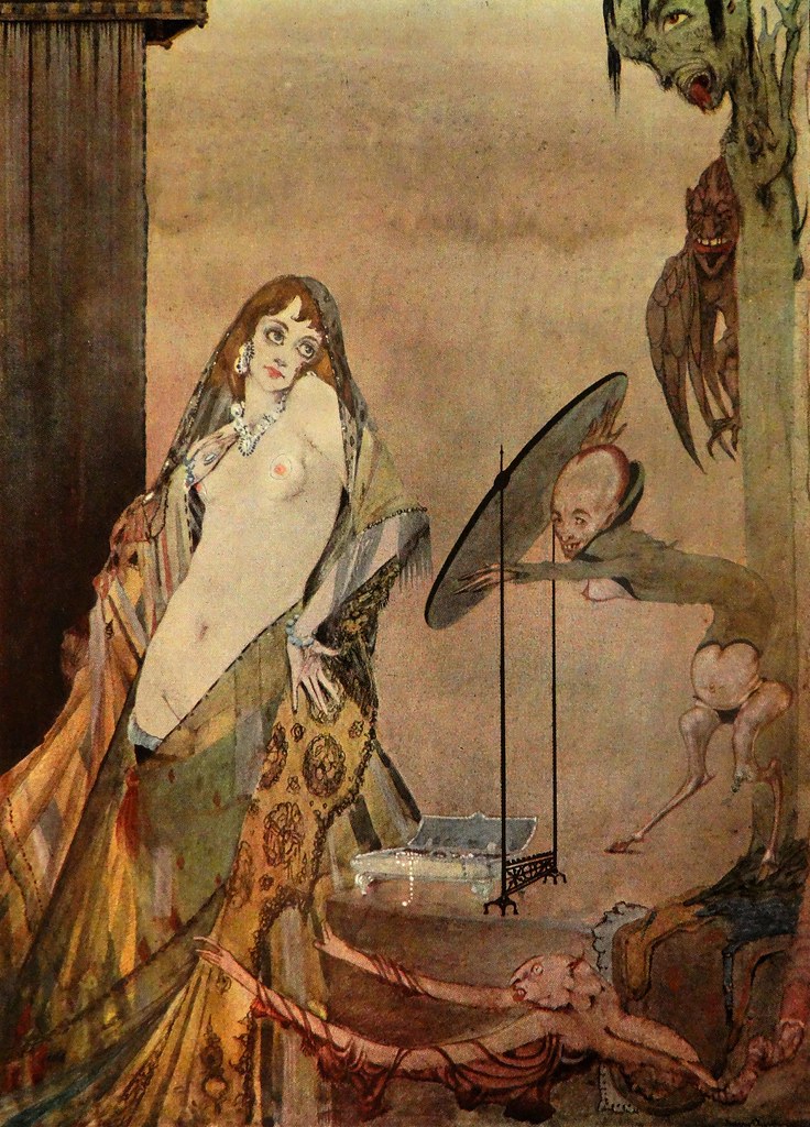 Margaret: "Drest thus, I seem a different creature!" Art by Harry Clarke for Goethe's Faust (1927)