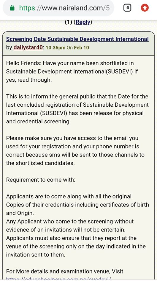 SUSDEVI Recruitment NOT Fake, Scam, Fraud: Fraudsters on Nairaland impersonating SUSDEVI to send out interview invitations to SUSDEVI applicants