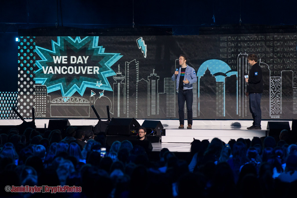 Founders Marc and Craig Kielburger speaking at WE Day youth empowerment event at Rogers Arena in Vancouver, BC on November 19th, 2019