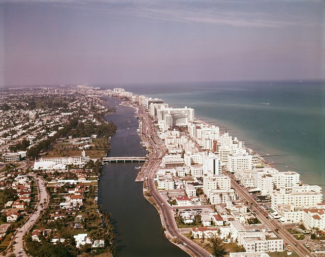 Aerial view looking north at hotels along Indian Creek in Miami Beach