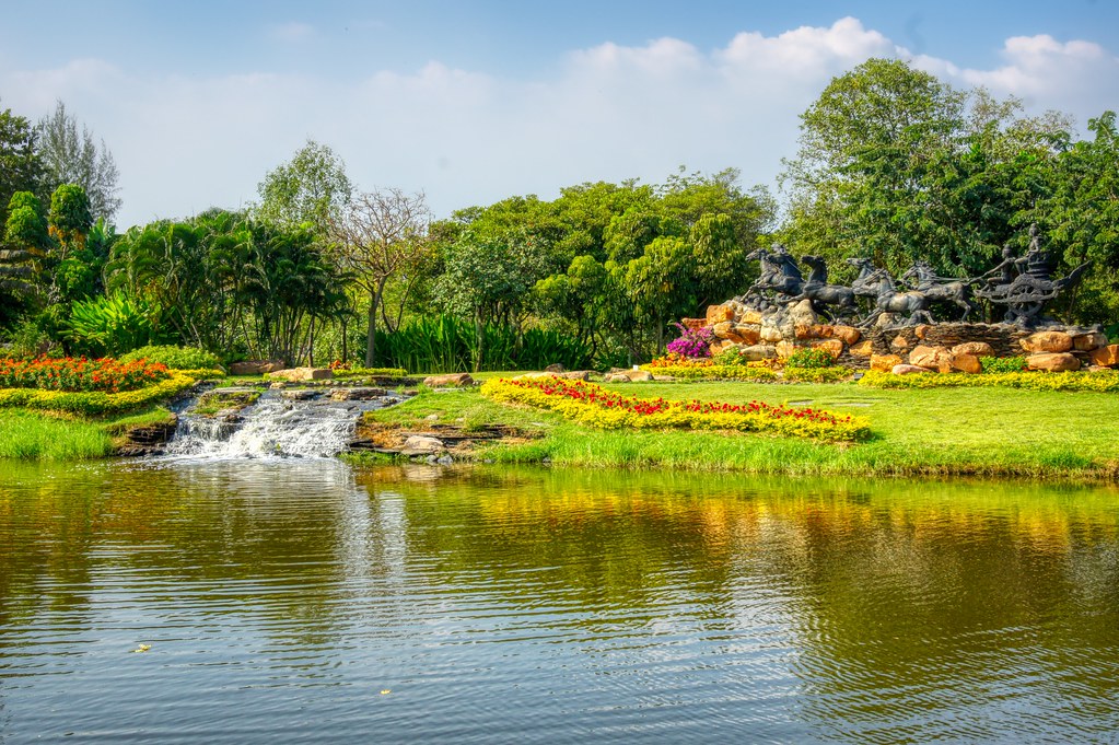 Lake and the Garden of Gods in Muang Boran (Ancient City) in Samut Phrakan near Bangkok, Thailand