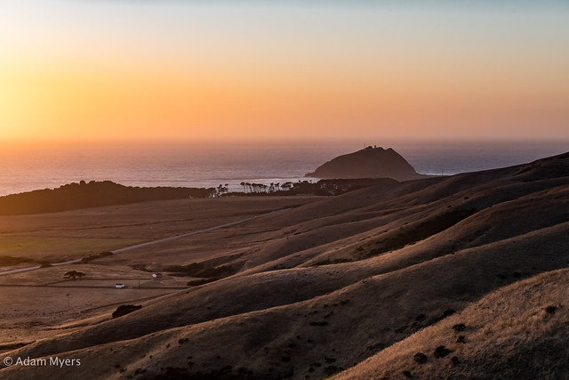 Sunset from the old Coast Road, looking over the El Sur Ranch, toward Point Sur and the Pacific, October, 2019