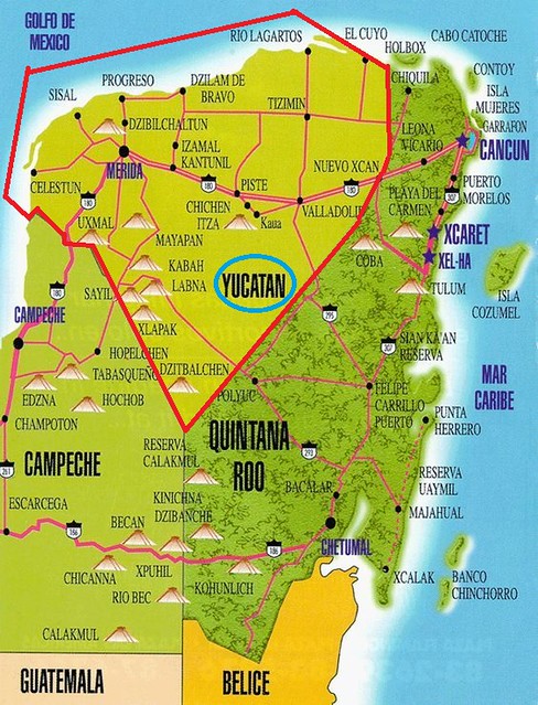 Mapa de la Península de Yucatán con el Estado de Yucatán señalado (México)