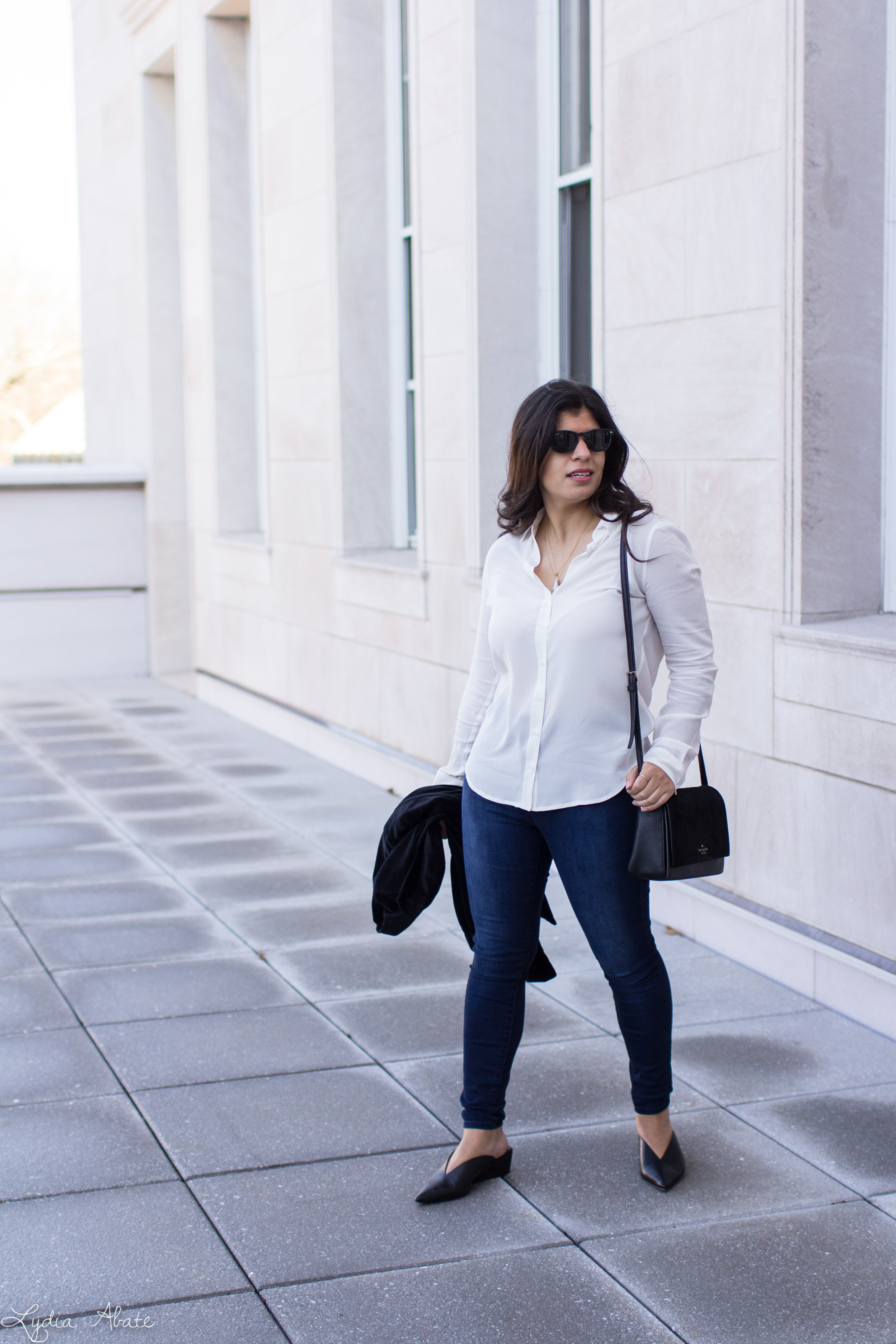 Mott and Bow jeans and white silk blouse, black mules, velvet blazer-4.jpg