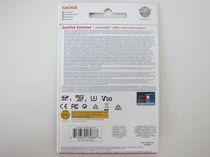 SanDisk Extreme 128GB MicroSDXC Card - Packaging Back