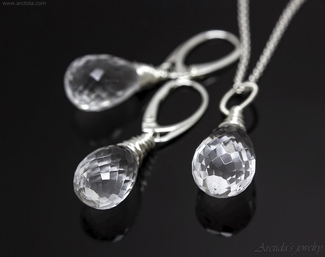 Elsa - Rock Crystal Clear Quartz pendant necklace and dangle earrings wire wrapped in sterling silver.