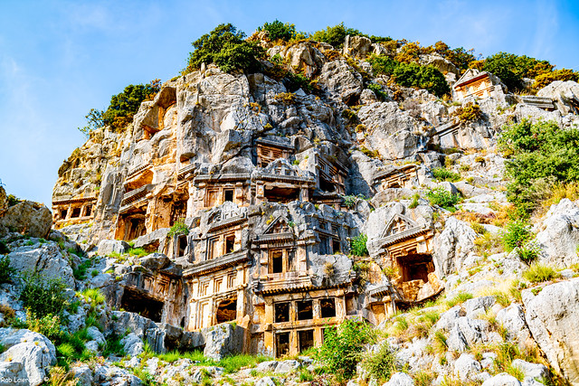 Lycian city of the dead carved into the hillside of Myra in Southern Turkey, complete with startlingly human touches.