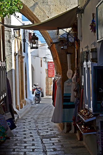 street alley shops lindos rhodes greece town architecture vanishingpoint
